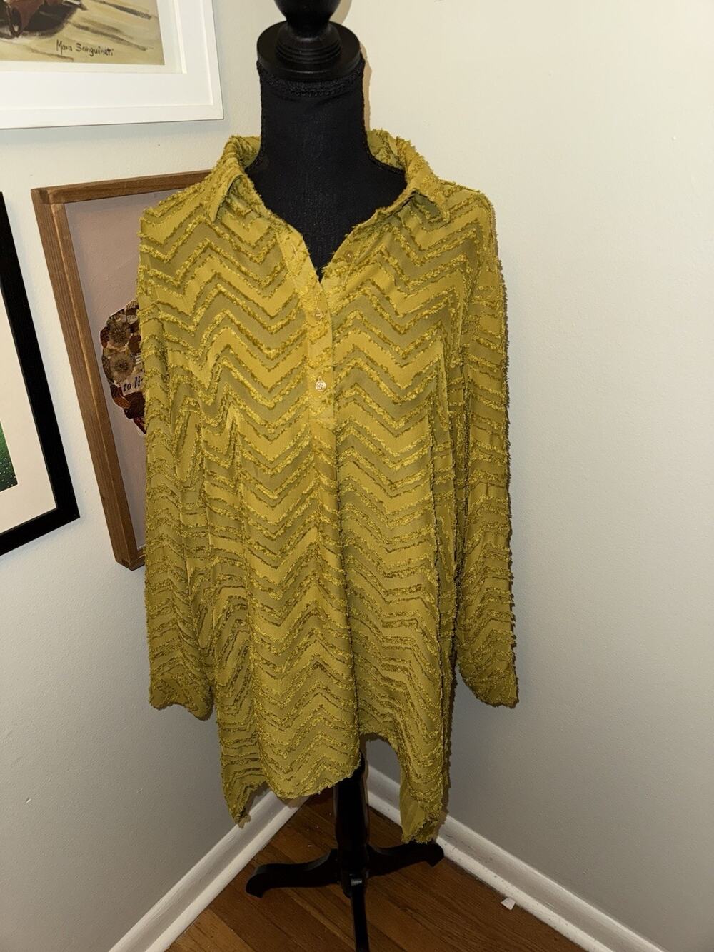 CATO Fuzzy Textured Chevron Boho Long Sleeve High Low Tunic Top Blouse 14/16W